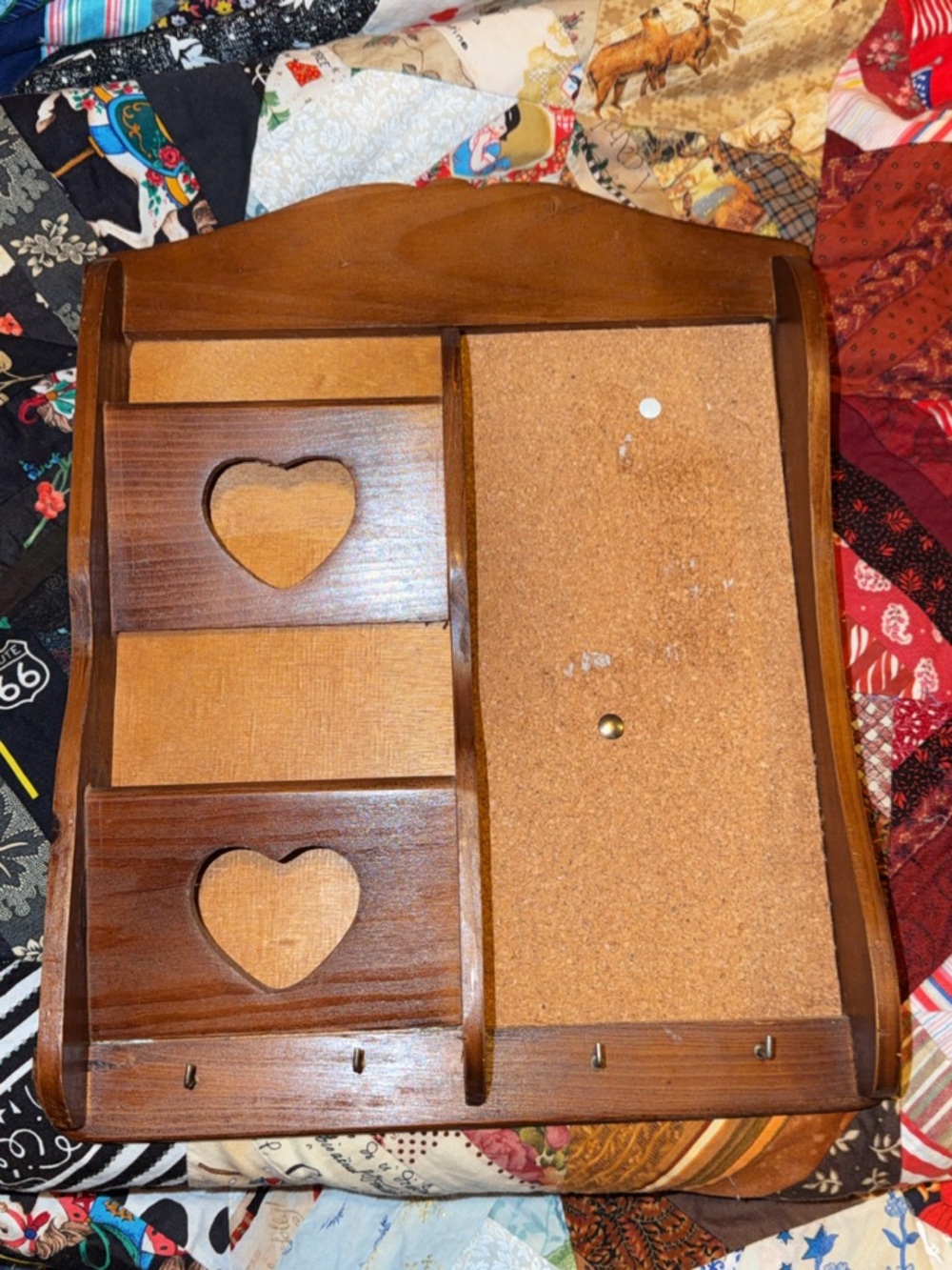 Vintage Wooden Heart Mail Letter Sorter, Cork Board, Key Holder Cottage Core